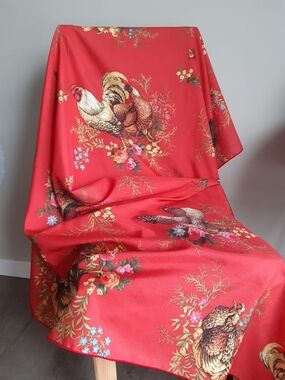 Red Rooster & Floral Printed Fabric Table Cloth - Like New